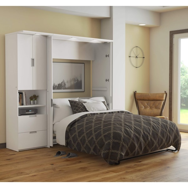 Lumina Full Murphy Bed with Storage Cabinet (82W), White